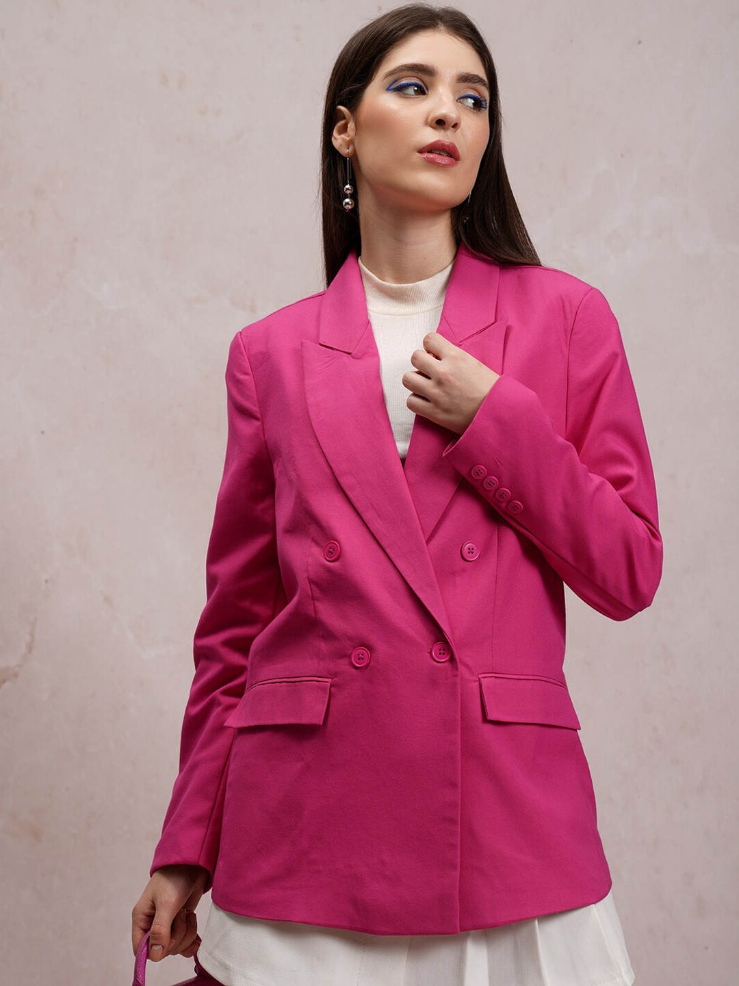 

CHIC BY TOKYO TALKIES Notched Lapel Oversize Longline Double Breasted Blazers, Pink
