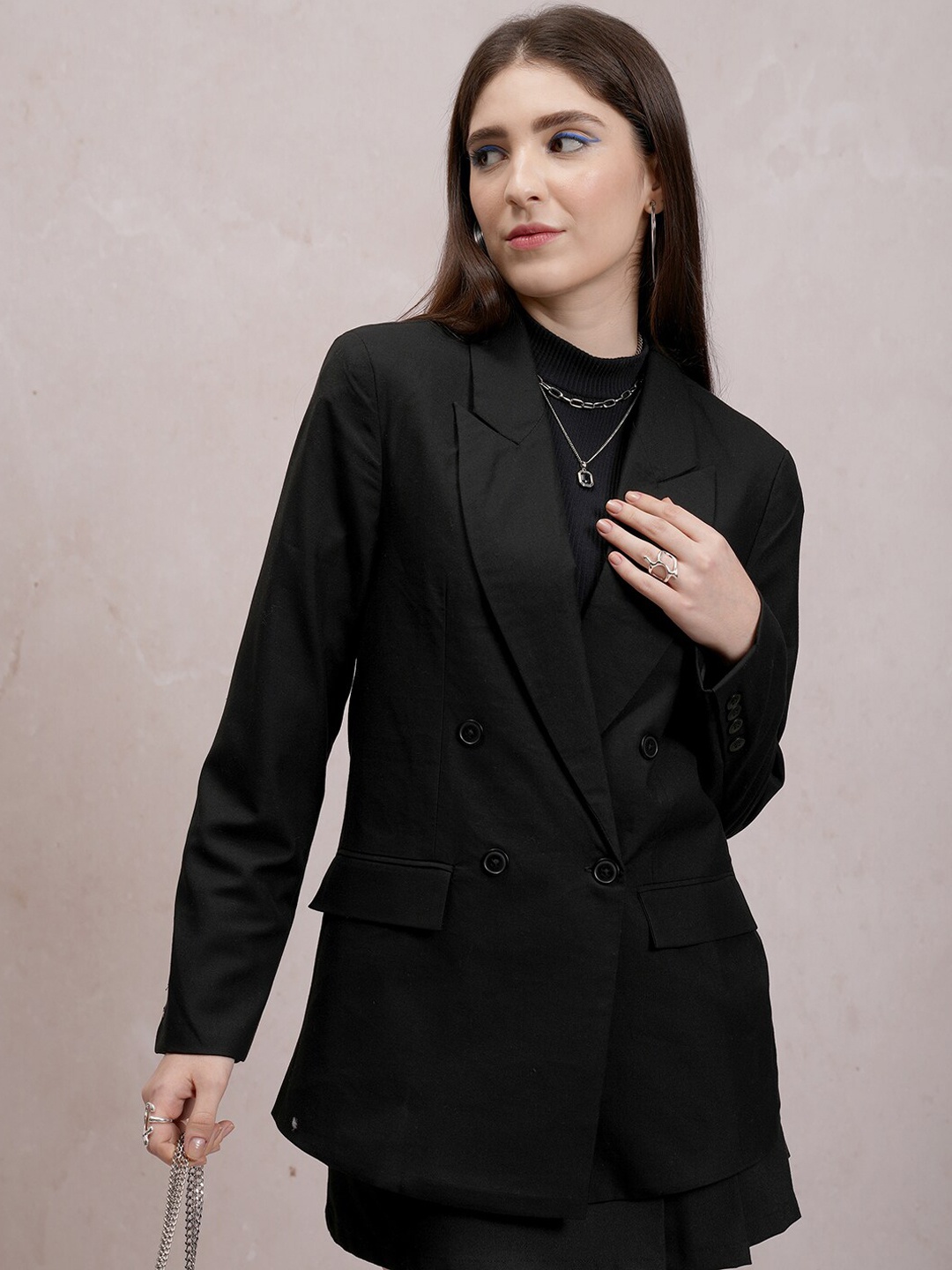 CHIC BY TOKYO TALKIES Notched Lapel Longline Double Breasted Blazer, Black