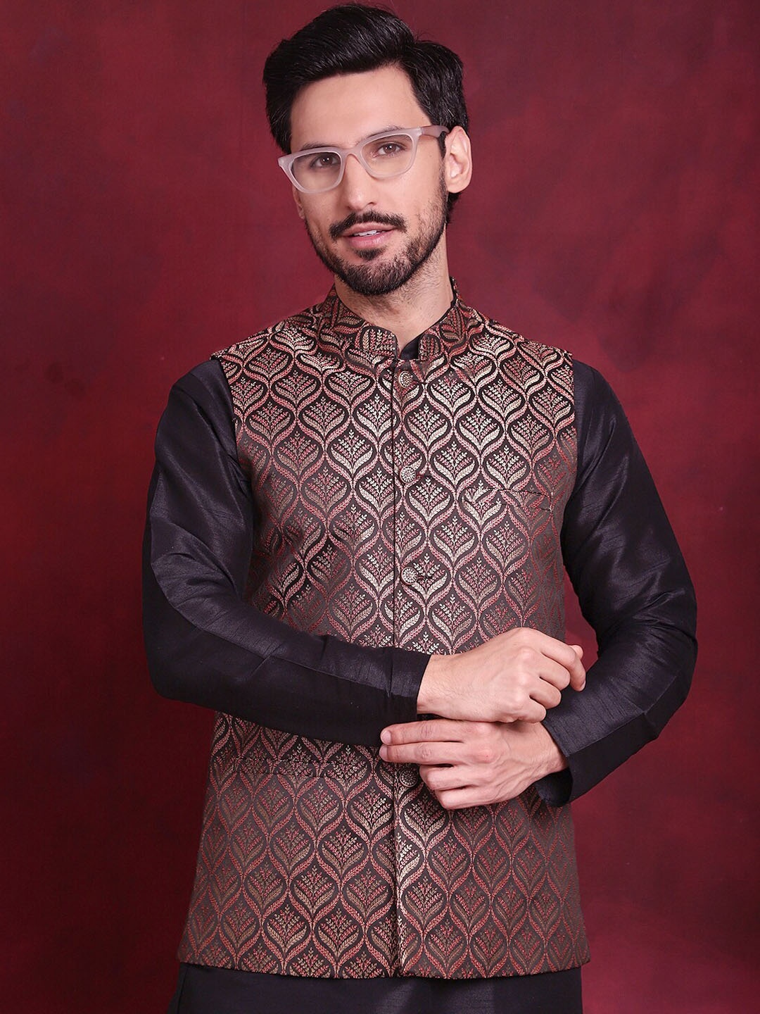 

Jompers Woven Design Nehru Jacket, Black