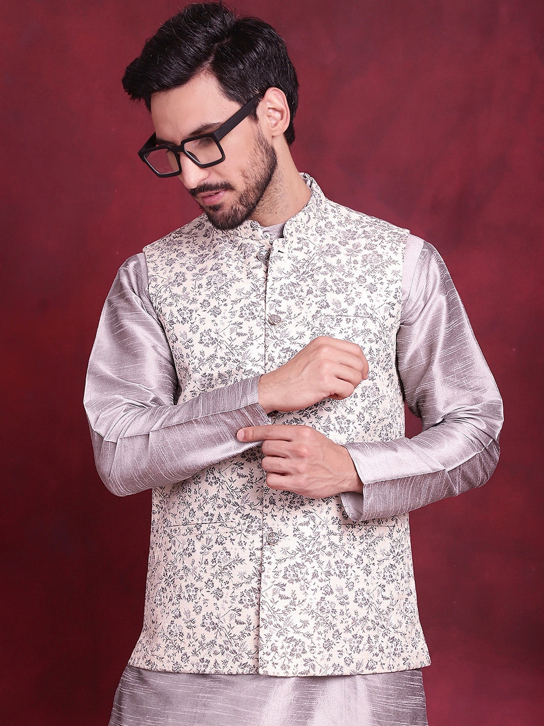 

Jompers Woven Design Nehru Jacket, Cream