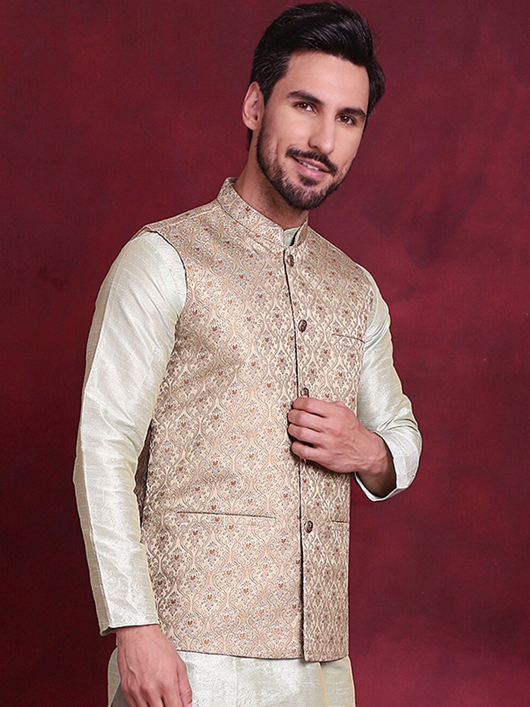 

Jompers Woven Design Nehru Jacket, Gold