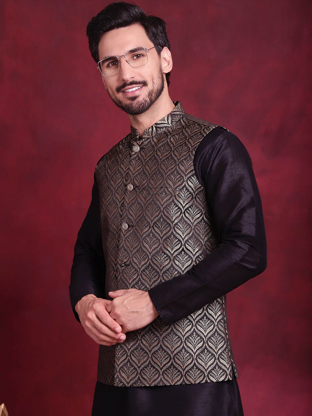 

Jompers Woven Design Nehru Jacket, Black