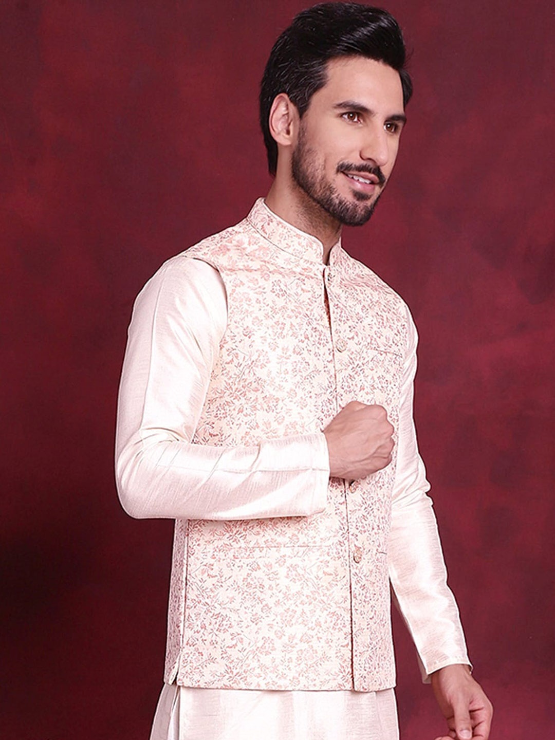 

Jompers Woven Design Nehru Jacket, Cream