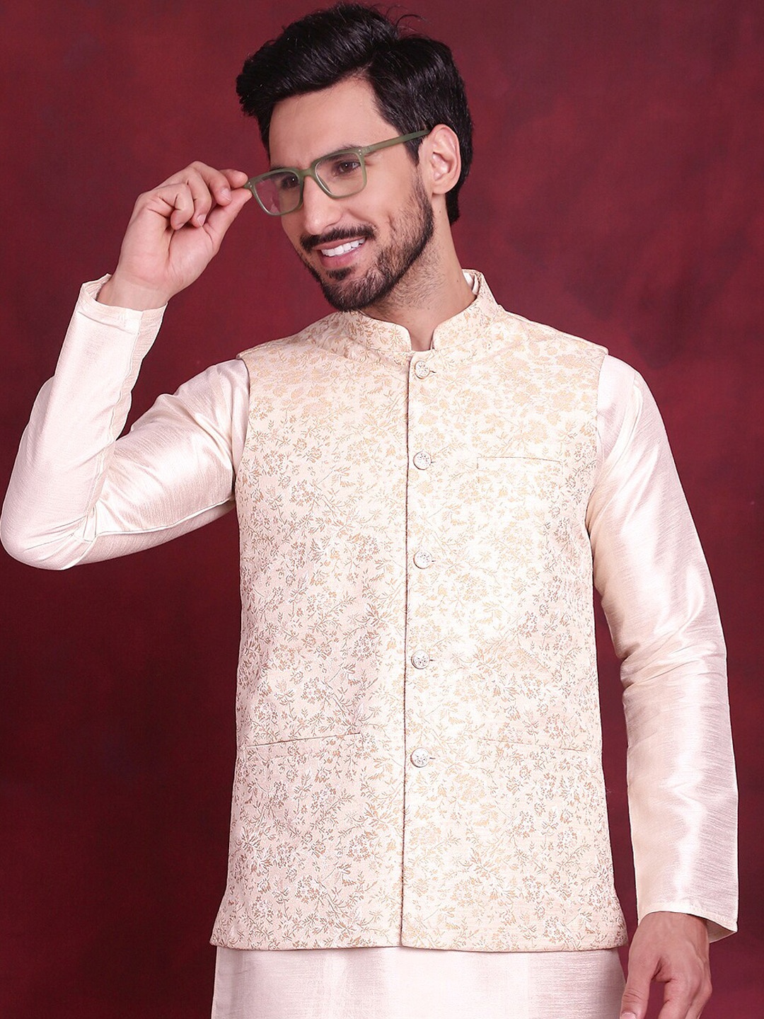 

Jompers Woven Design Nehru Jacket, Cream