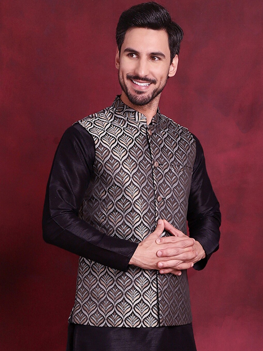 

Jompers Woven Design Nehru Jacket, Black