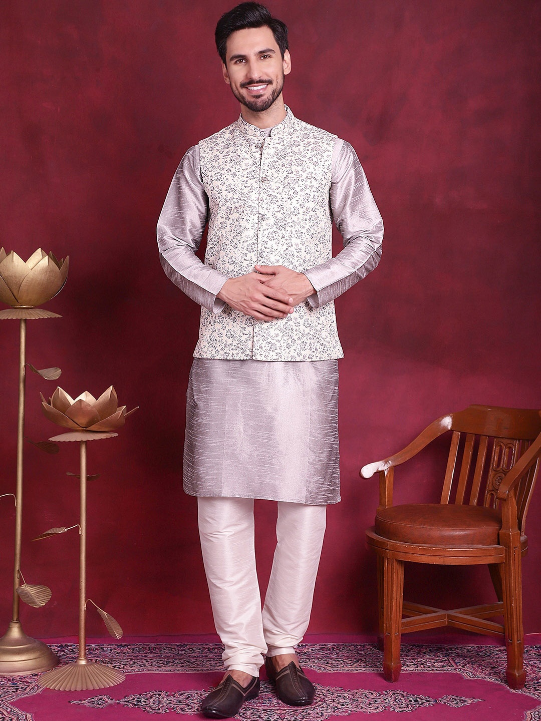 

Jompers Mandarin Collar Regular Kurta With Churidar & Woven Design Nehru Jacket, Grey