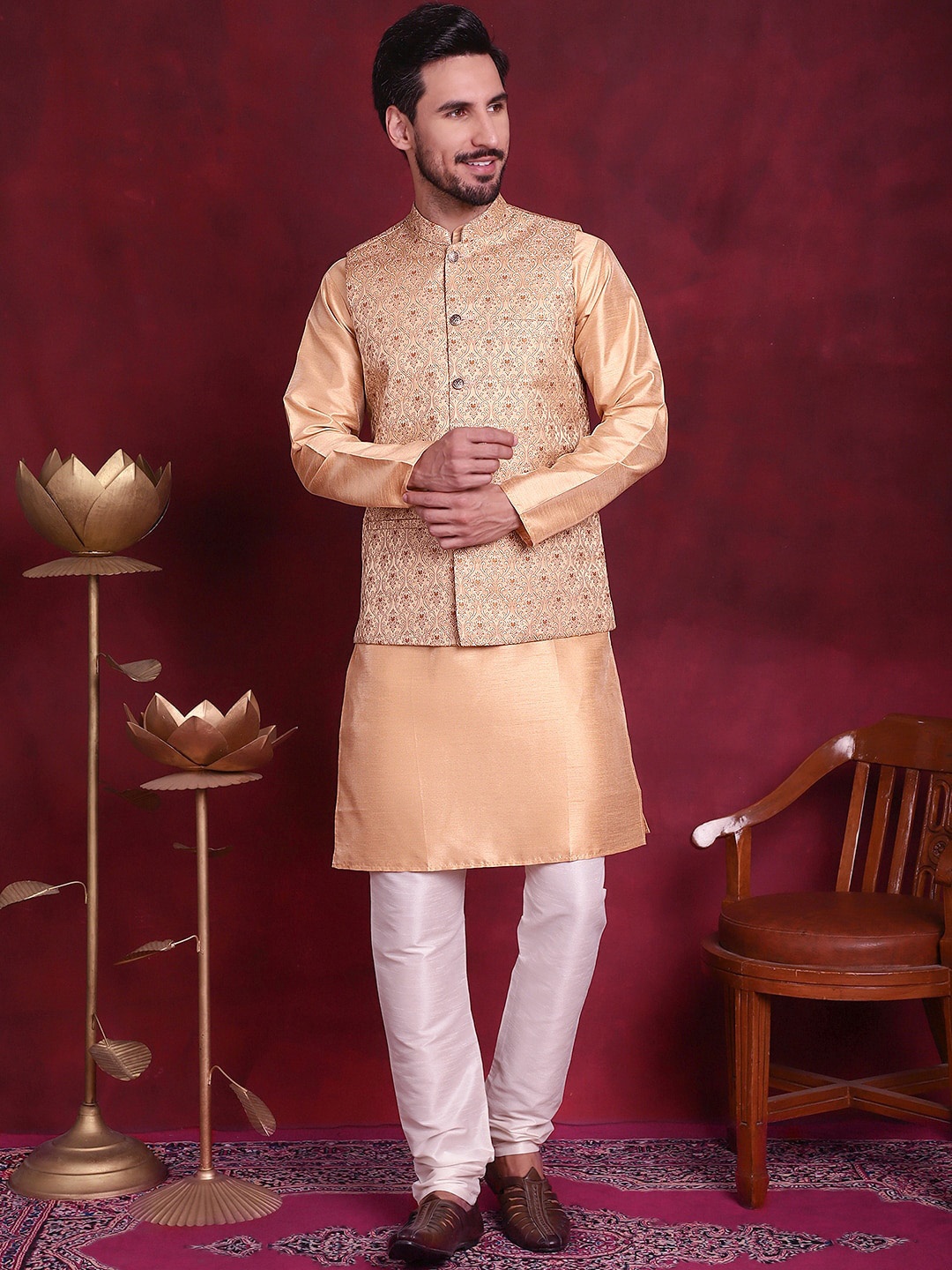 

Jompers Mandarin Collar Regular Kurta With Churidar & Woven Design Nehru Jacket, Cream