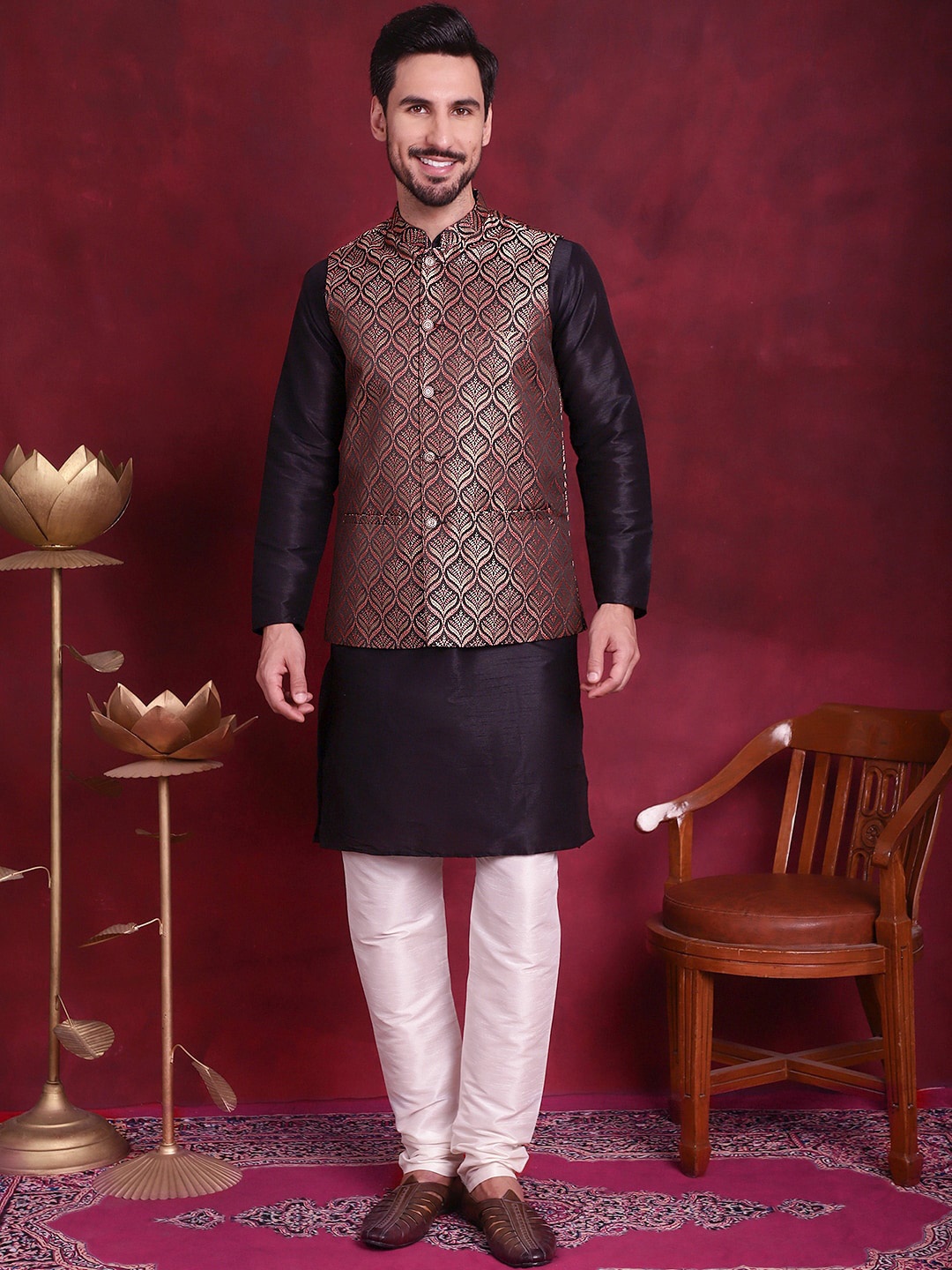 

Jompers Mandarin Collar Straight Kurta With Churidar & Nehru Jacket, Maroon