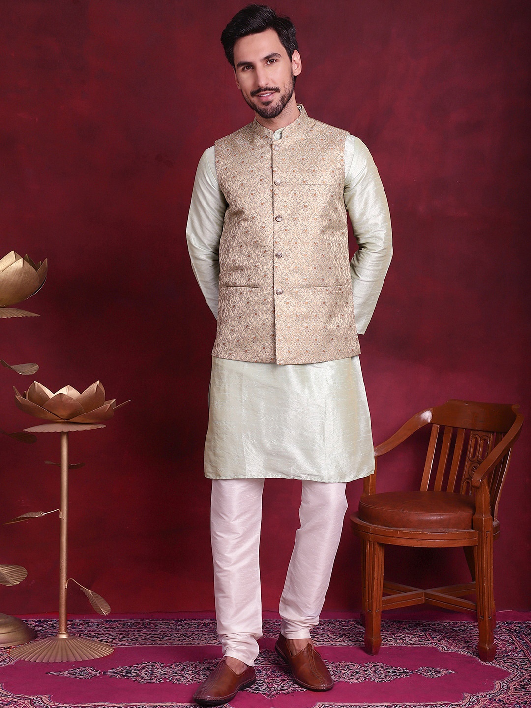 

Jompers Mandarin Collar Straight Kurta With Churidar & Nehru Jacket, Sea green