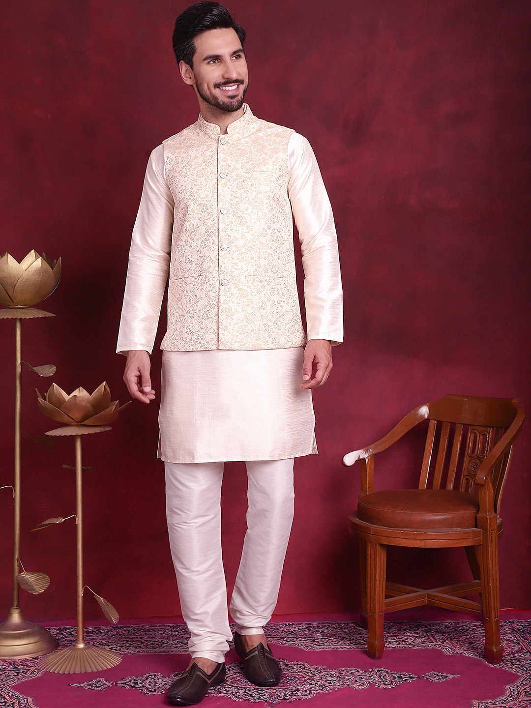 

Jompers Mandarin Collar Regular Kurta With Churidar & Woven Design Nehru Jacket, Cream