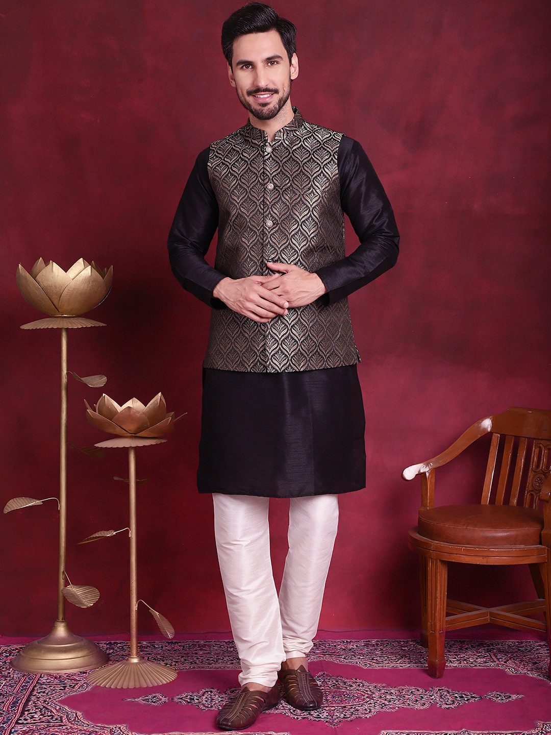 

Jompers Mandarin Collar Regular Kurta With Churidar & Woven Design Nehru Jacket, Black