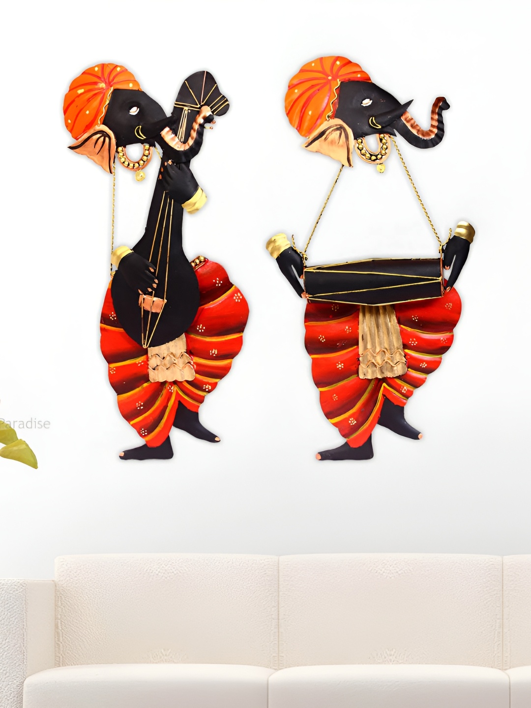 

HANDICRAFTS PARADISE Orange & Black 2 Pieces Musician Ganesha Wall Decor
