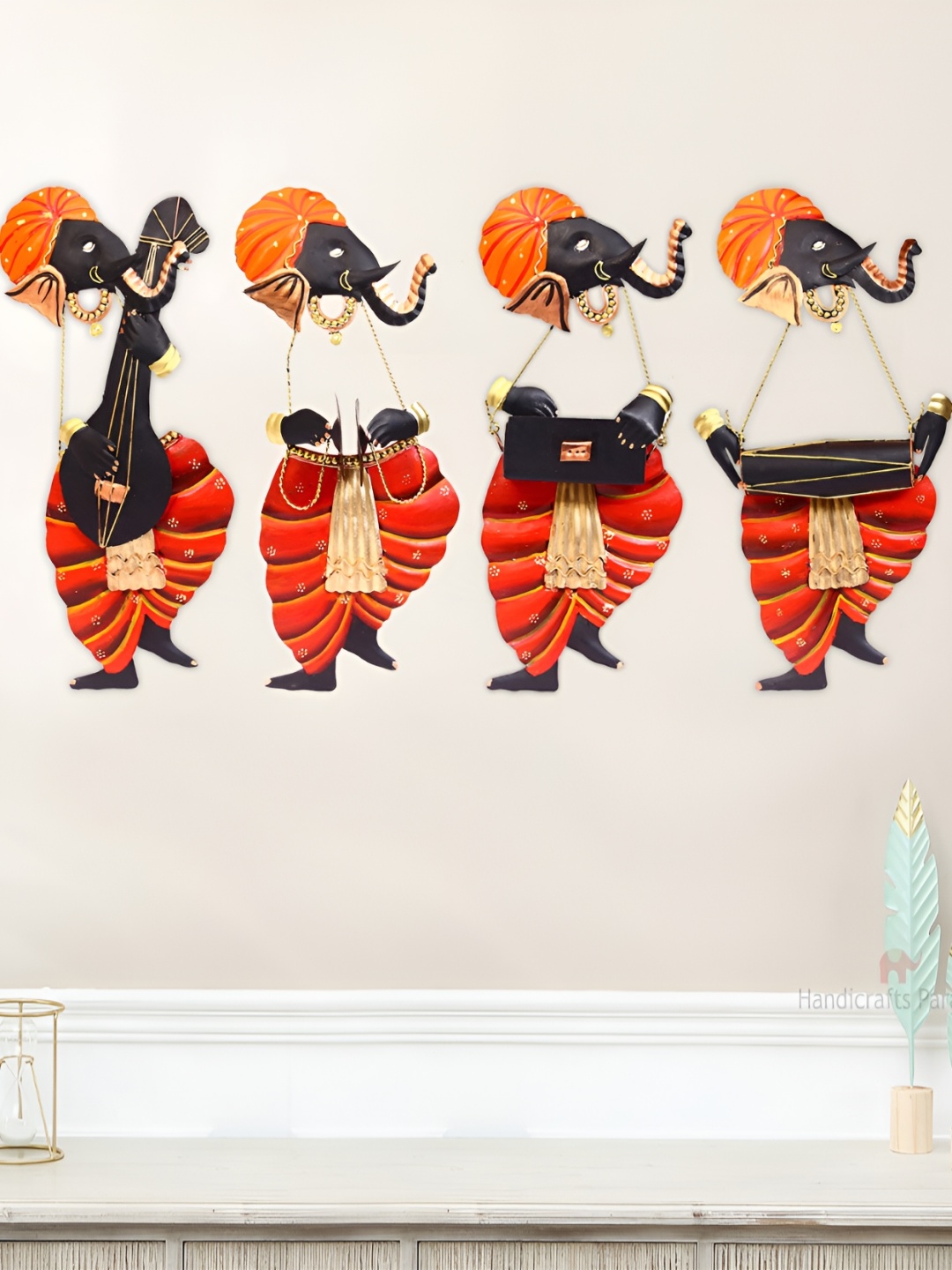 

HANDICRAFTS PARADISE Musician Ganesha Orange & Black 4 Pieces Musician Ganesha Wall Decor