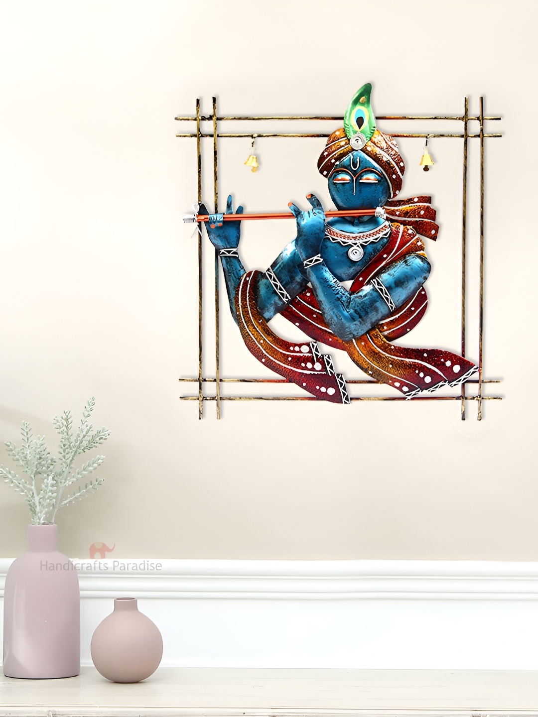

HANDICRAFTS PARADISE Blue & Brown Krishna Playing Flute Iron Wall Decor