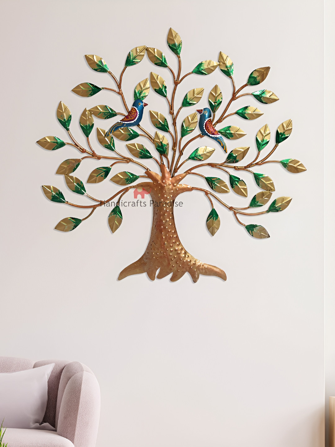 

HANDICRAFTS PARADISE Green and GoldToned Metal Tree With 2 Birds Wall Decor