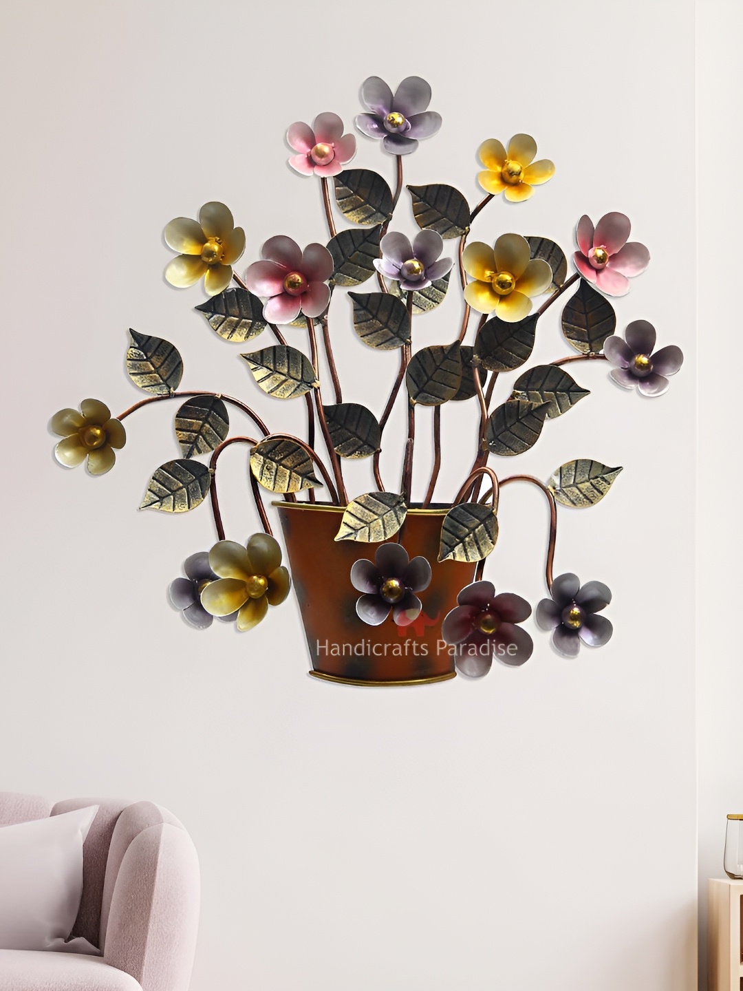 

HANDICRAFTS PARADISE Pink & Yellow Metal Floral Wall Decor