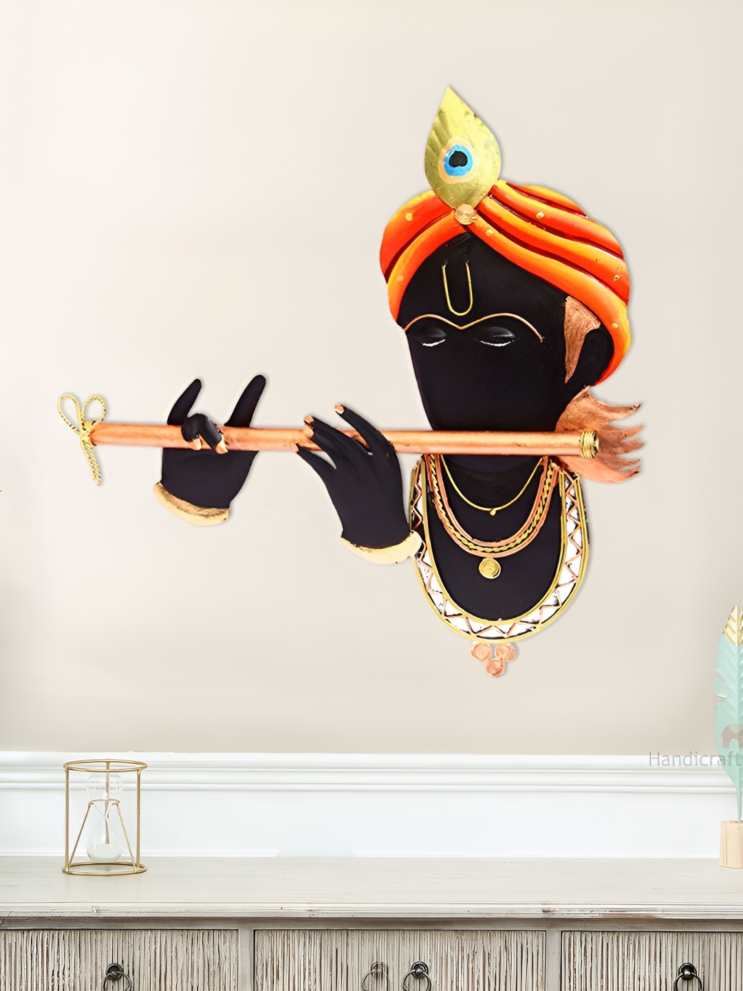 

HANDICRAFTS PARADISE Black & Orange Metal Krishna Wall Decor