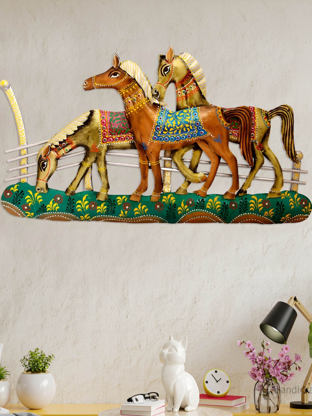 

HANDICRAFTS PARADISE Green & Brown Metal Standing Horse Wall Decor