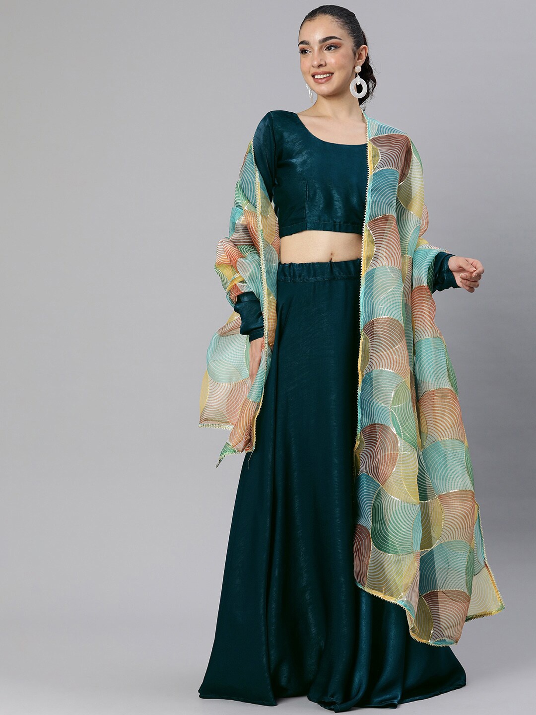 

Vinya Long Sleeve Velvet Ready to Wear Lehenga & Blouse With Dupatta, Teal