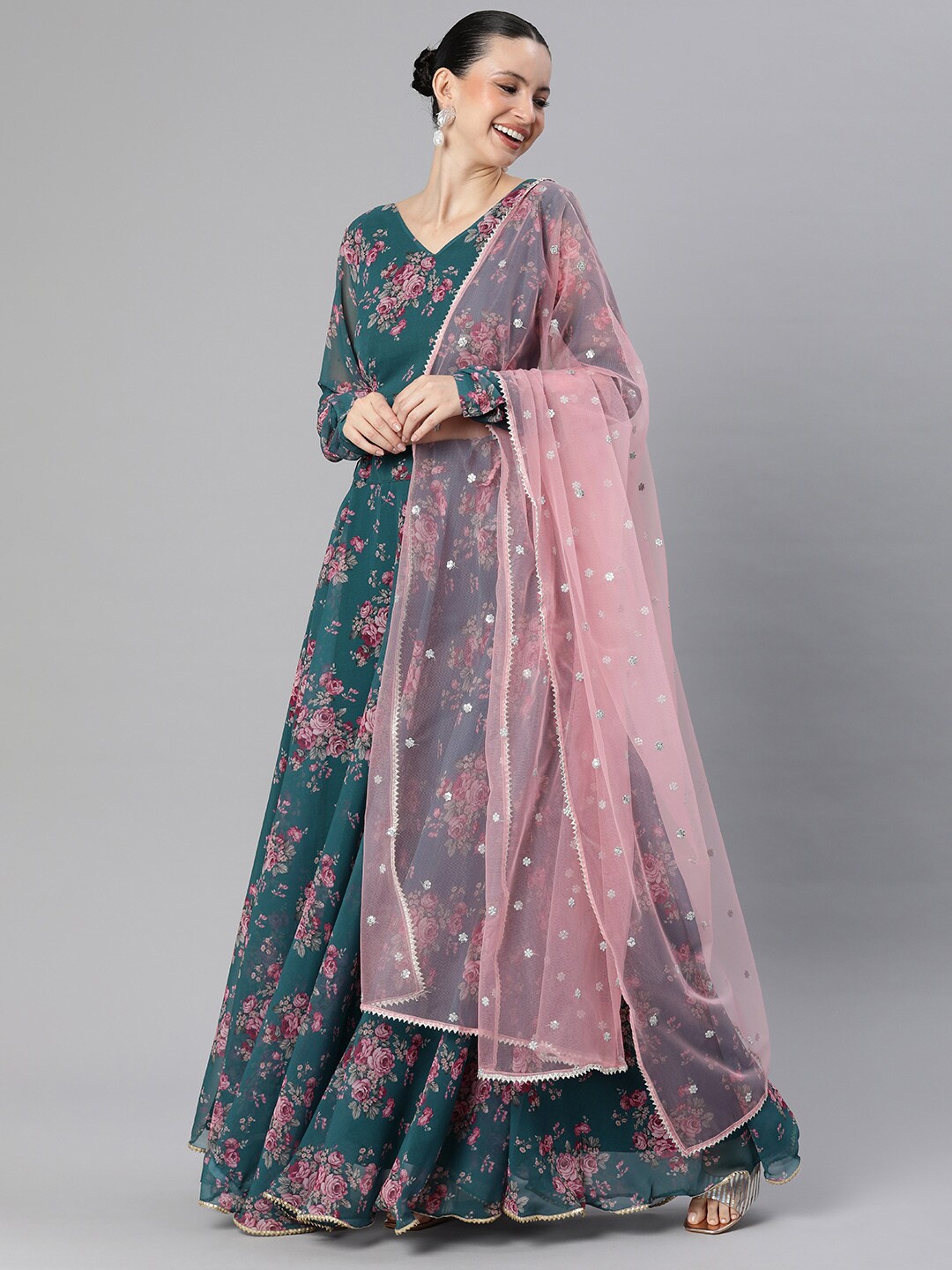 

Vinya Floral Printed V-Neck Long Sleeve Ready to Wear Lehenga & Blouse Net, Teal