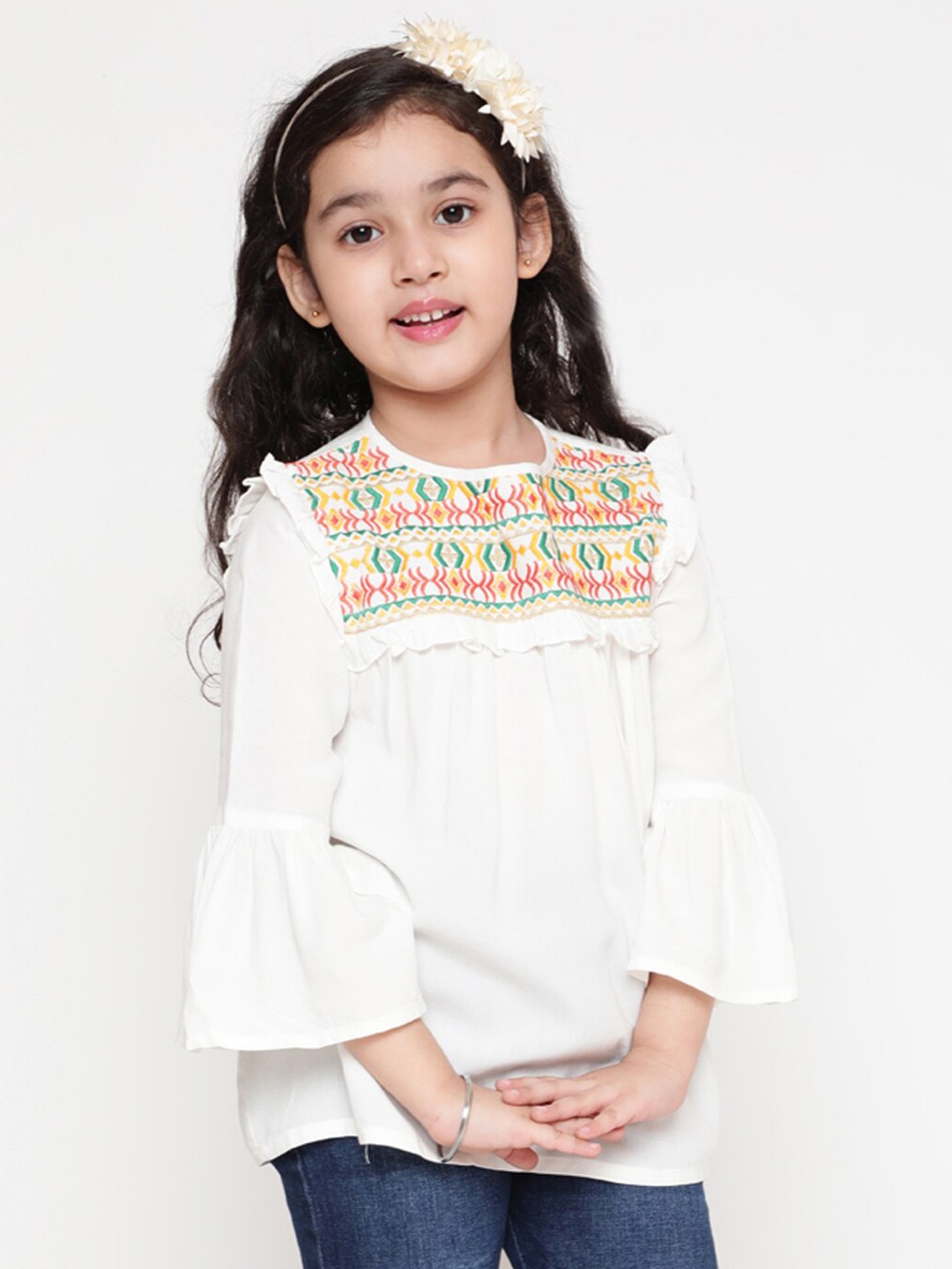 

BAESD Girls Ethnic Motifs Embroidered Ruffles Regular Top, White