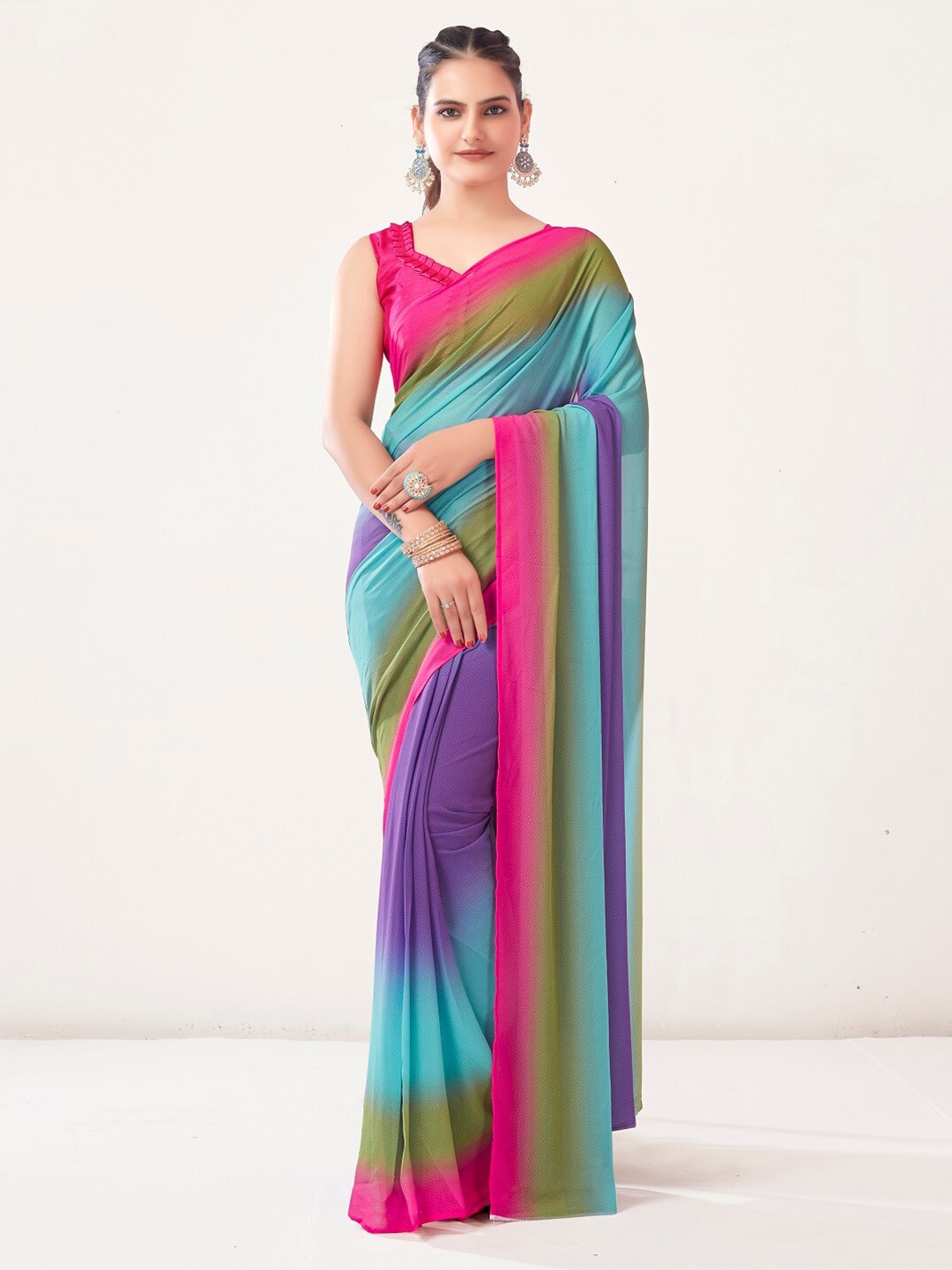

Mitera Colourblocked Pure Georgette Ready to Wear Saree, Pink