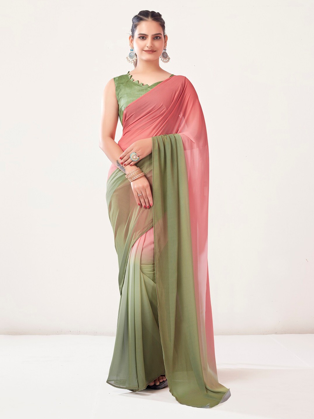 

Mitera Colourblocked Pure Georgette Ready to Wear Saree, Pink