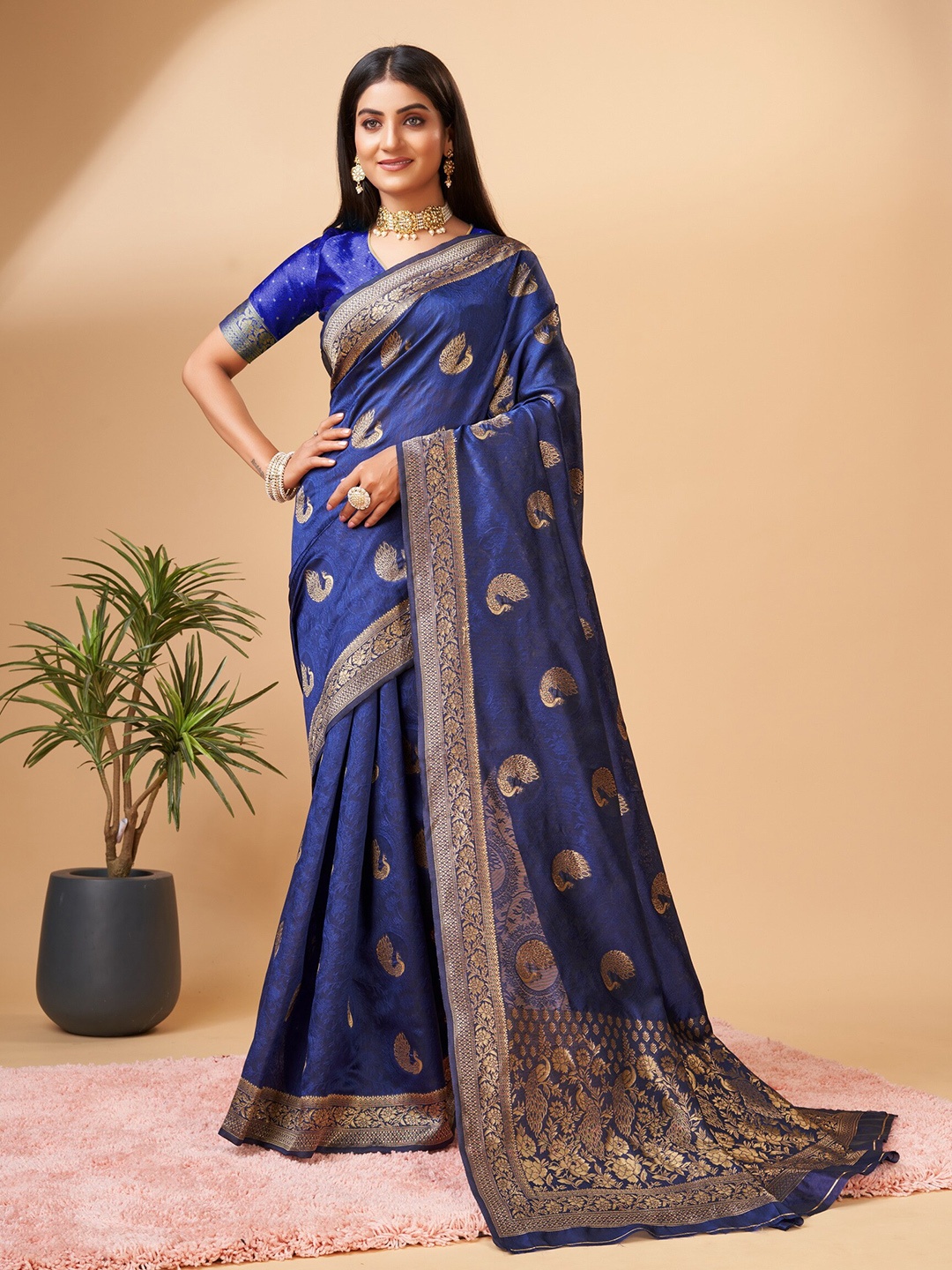 

Ekta Textiles Ethnic Motifs Woven Design Zari Pure Silk Banarasi Saree, Blue