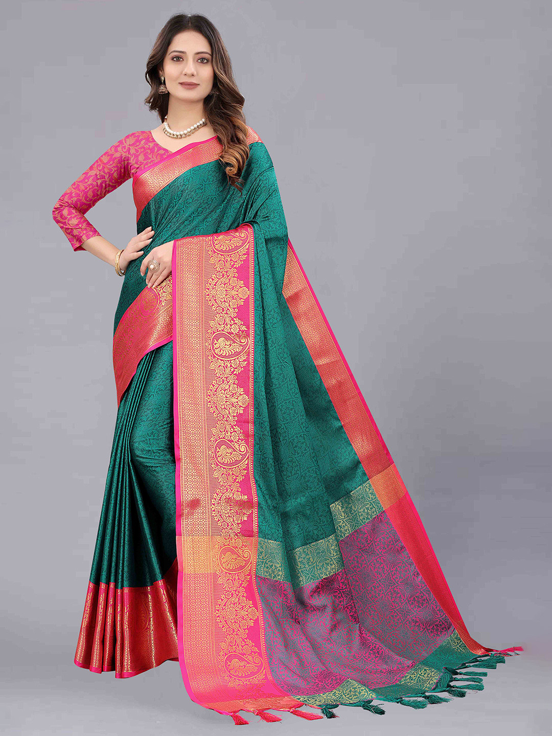 

Ekta Textiles Ethnic Motifs Woven Design Zari Silk Cotton Banarasi Saree, Turquoise blue