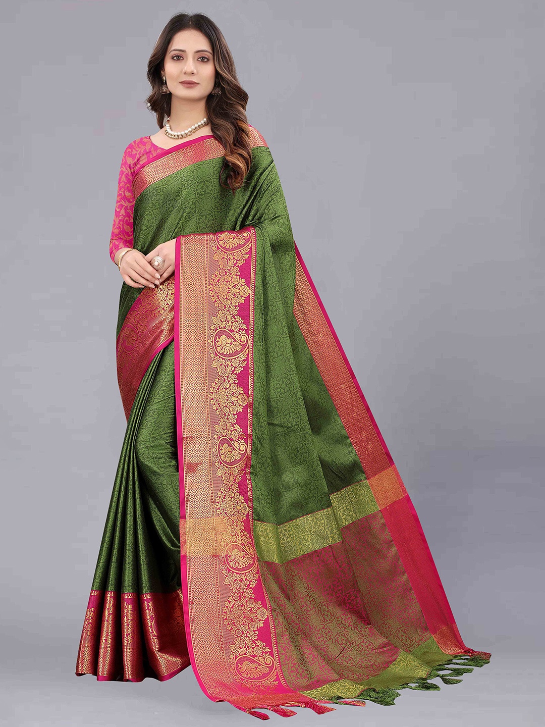 

Ekta Textiles Ethnic Motifs Woven Design Zari Silk Cotton Banarasi Saree, Green