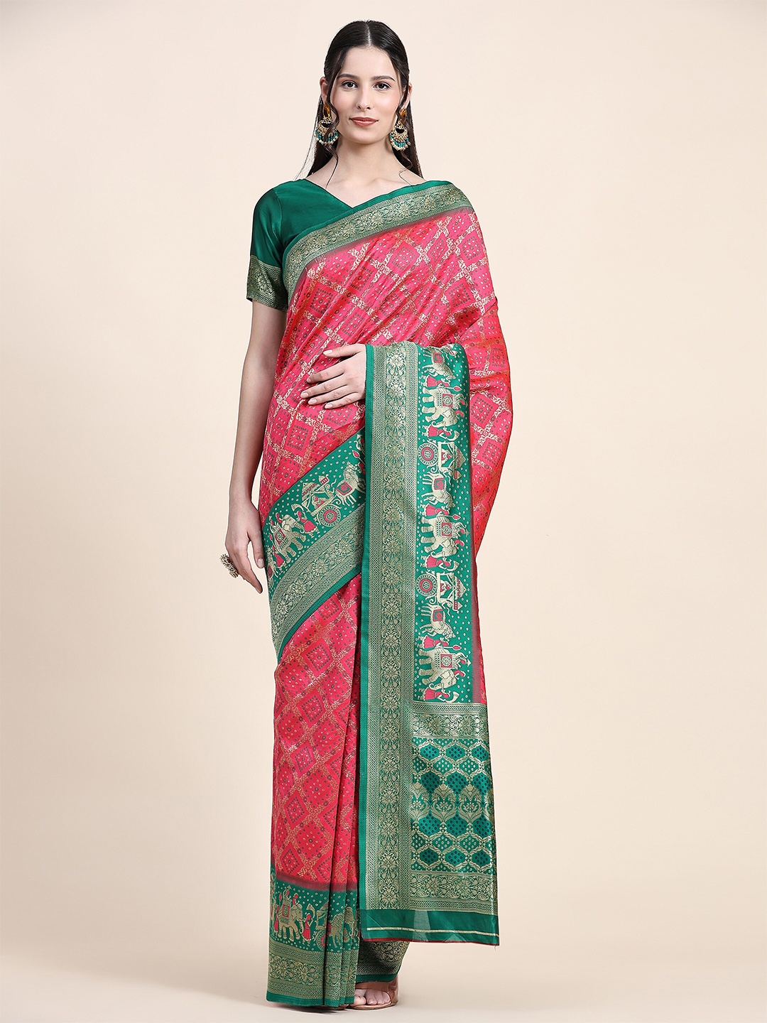

Ekta Textiles Ethnic Motifs Woven Design Zari Pure Silk Kanjeevaram Saree, Pink