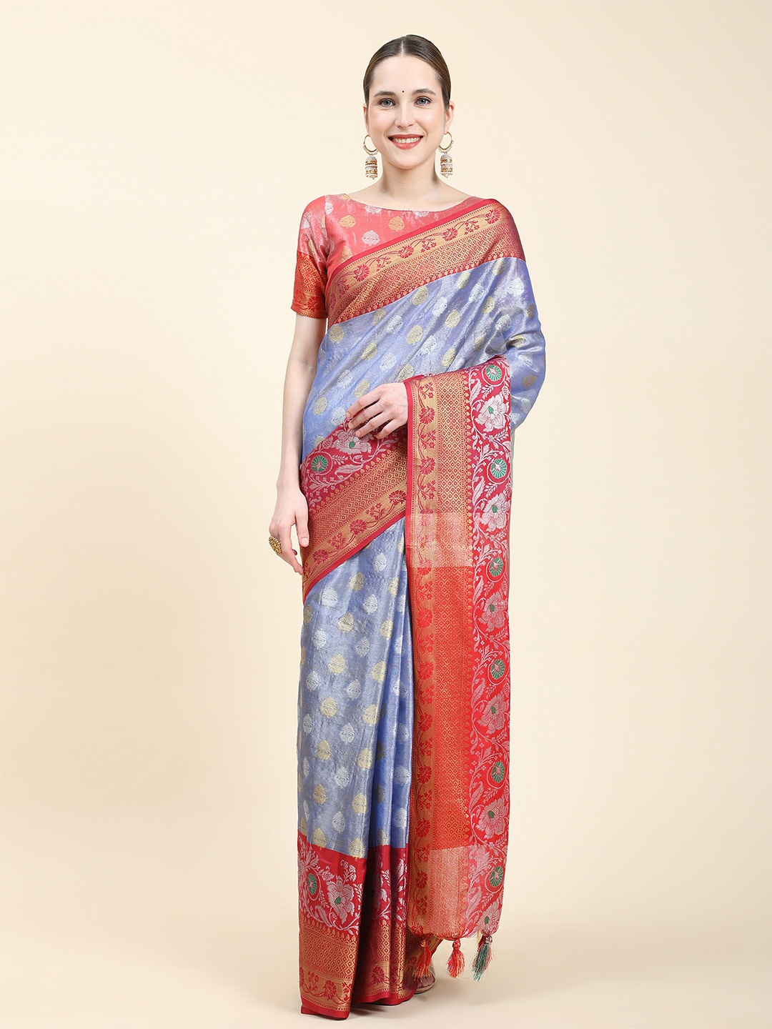 

Ekta Textiles Ethnic Motifs Woven Design Zari Banarasi Saree, Blue
