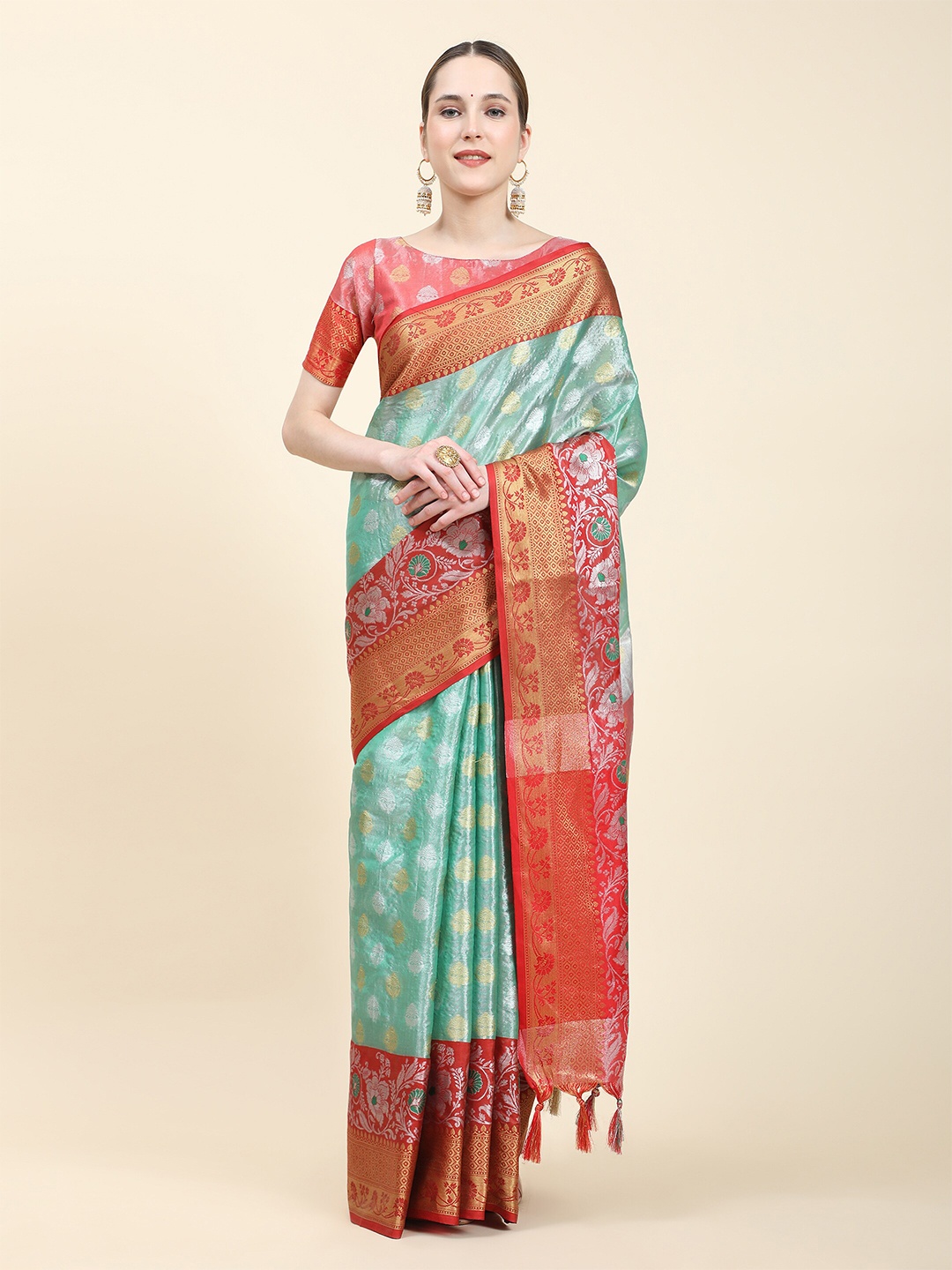 

Ekta Textiles Ethnic Motifs Woven Design Zari Banarasi Saree, Turquoise blue