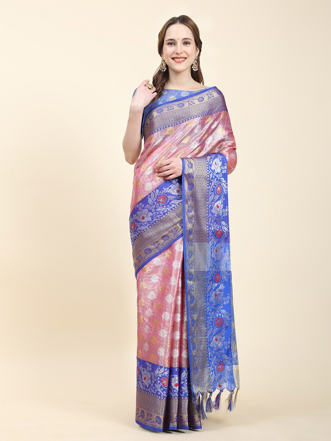 

Ekta Textiles Ethnic Motifs Woven Design Zari Banarasi Saree, Magenta