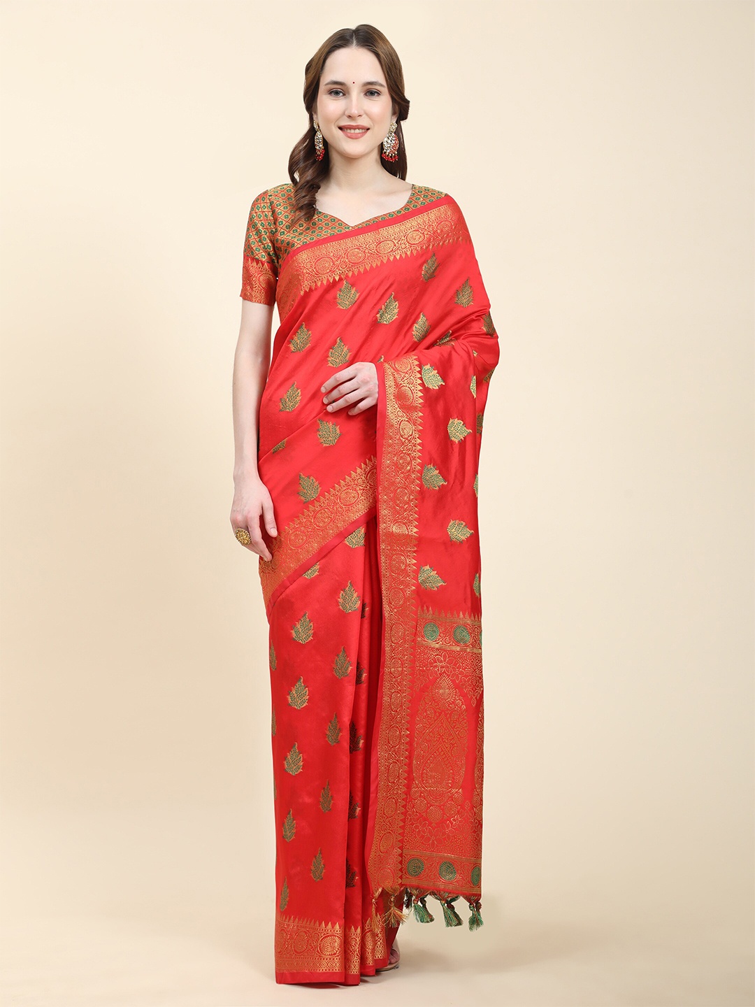 

Ekta Textiles Ethnic Motifs Woven Design Zari Banarasi Saree, Red
