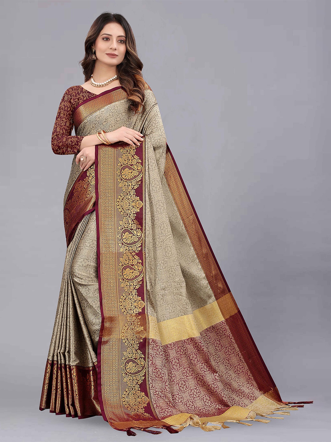 

Ekta Textiles Ethnic Motifs Woven Design Zari Banarasi Saree, Beige