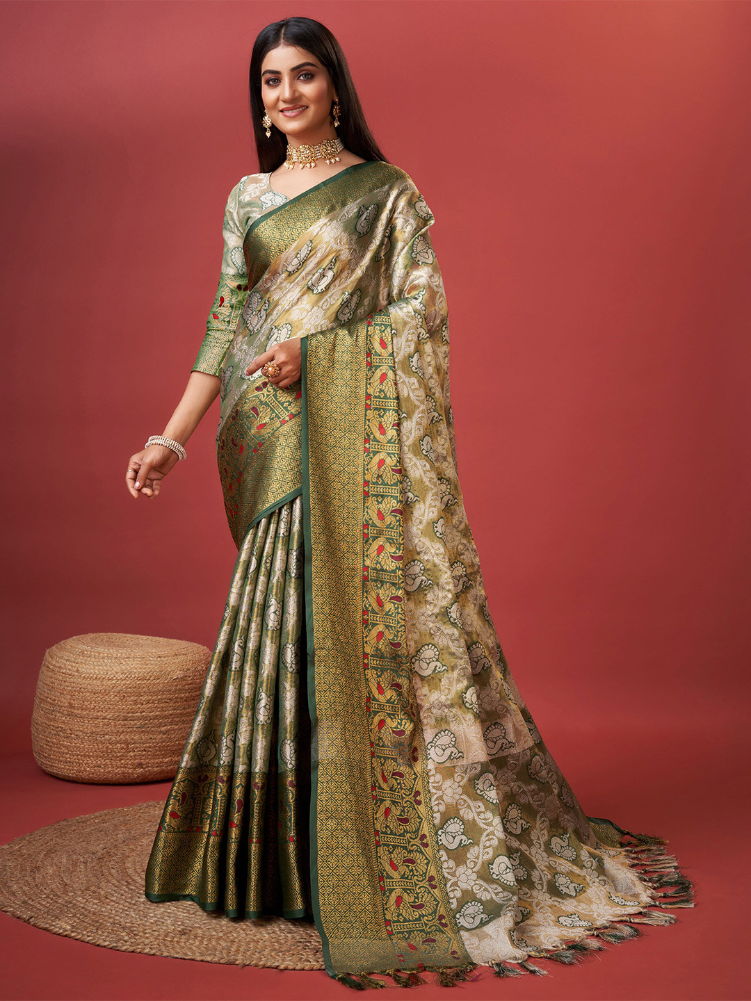 

Ekta Textiles Ethnic Motifs Woven Design Zari Detailed Organza Banarasi Saree, Green