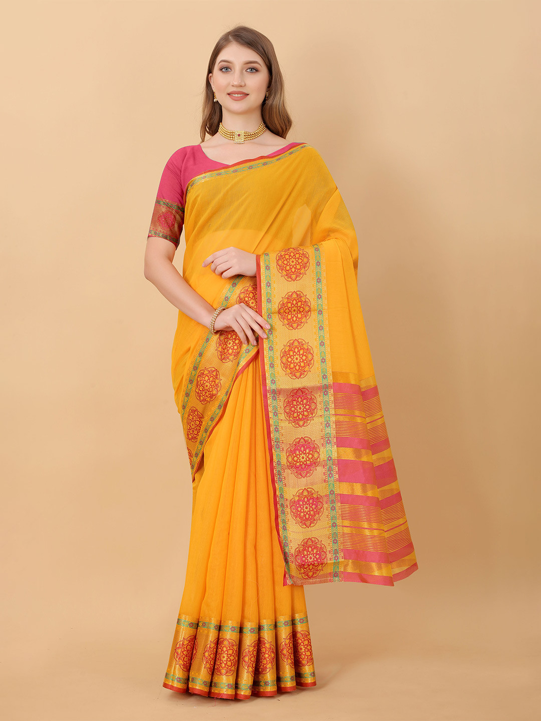 

Ekta Textiles Zari Detailed Silk Cotton Banarasi Saree, Yellow
