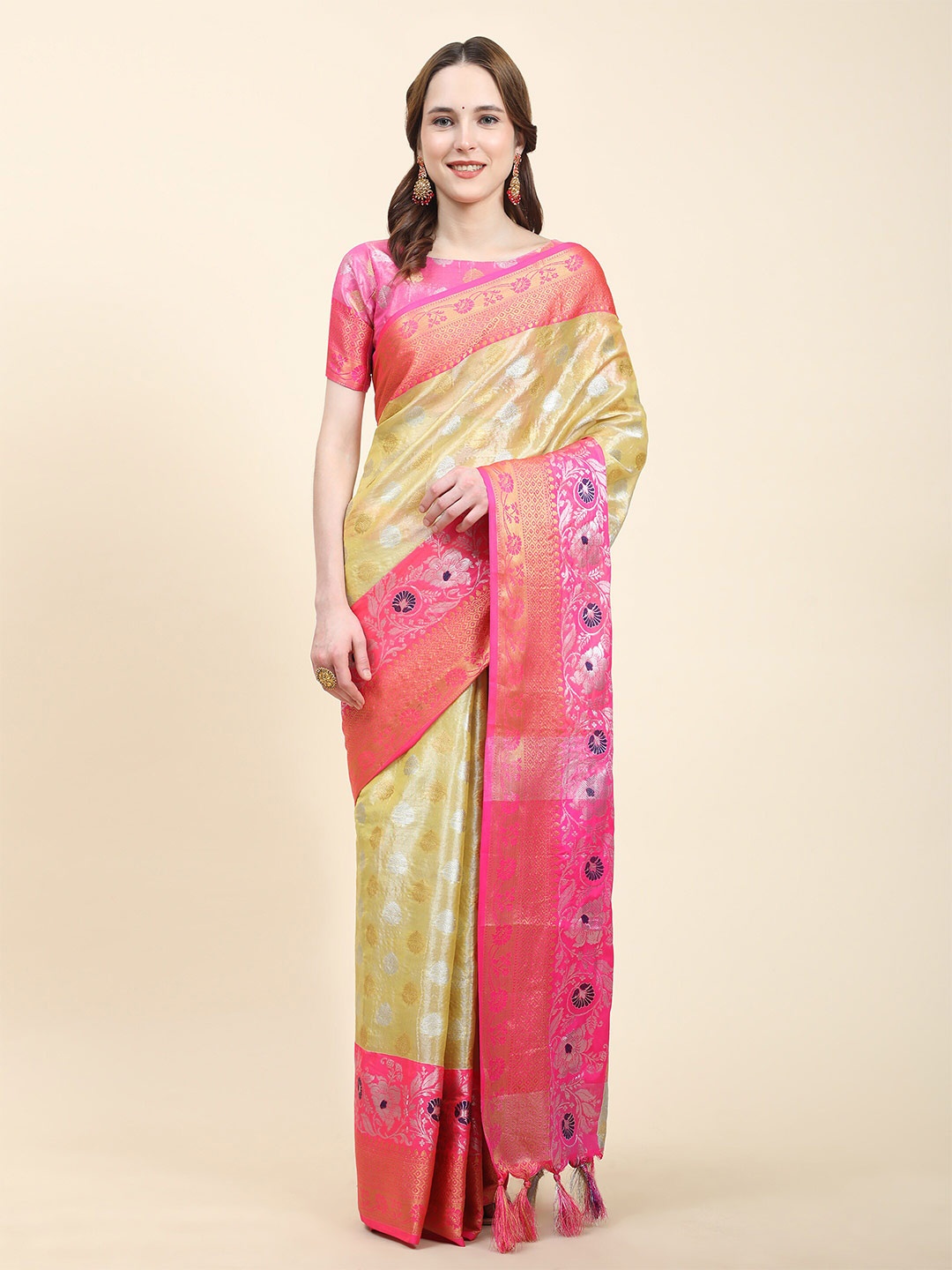 

Ekta Textiles Ethnic Motifs Woven Design Zari Tussar Saree, Yellow