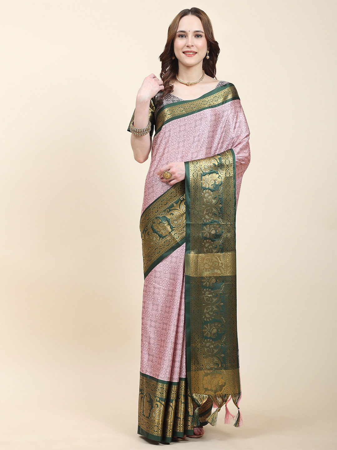 

Ekta Textiles Ethnic Motifs Woven Design Zari Silk Cotton Banarasi Saree, Pink