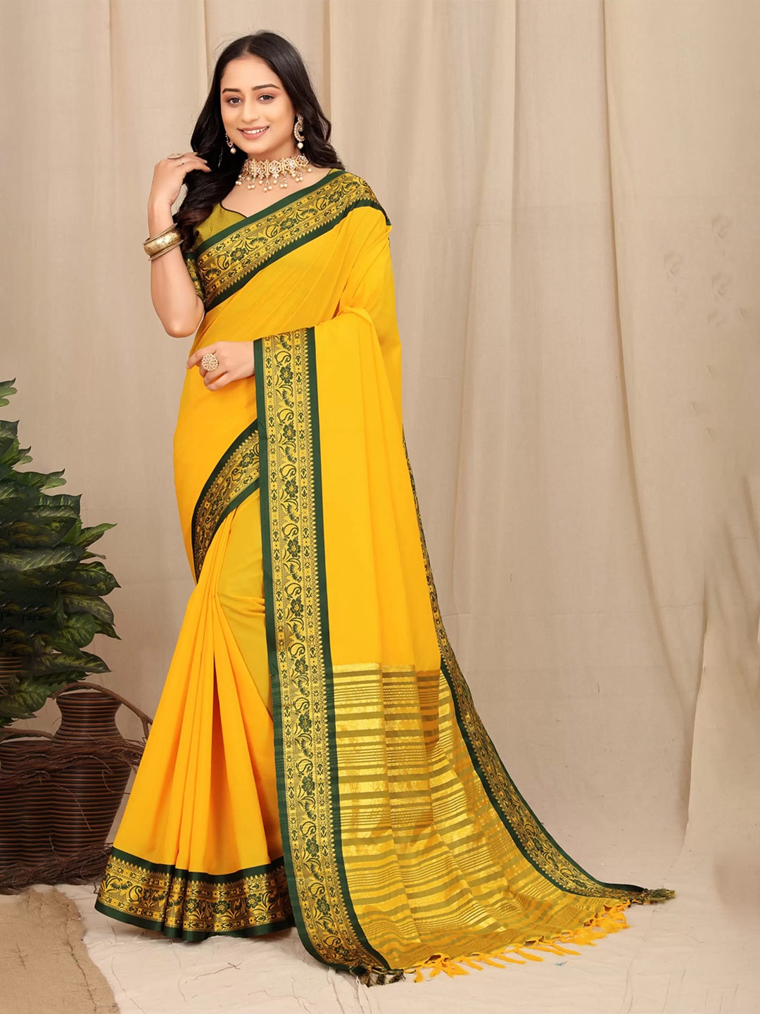 

Ekta Textiles Woven Design Zari Silk Cotton Banarasi Saree, Yellow