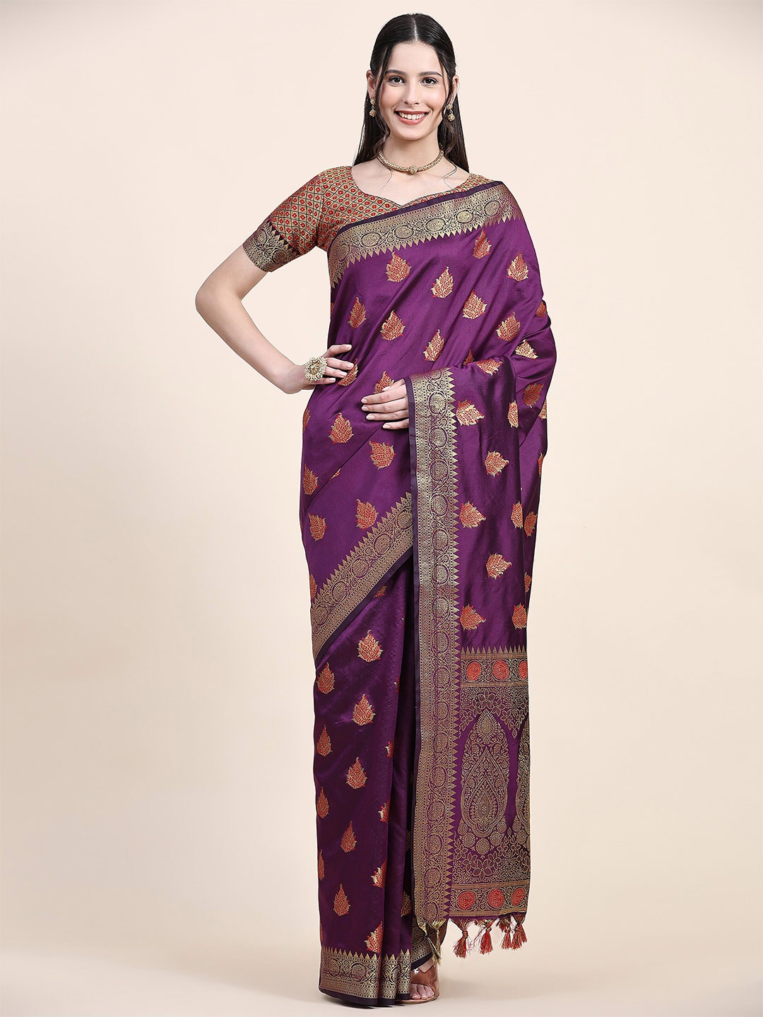 

Ekta Textiles Ethnic Motifs Woven Design Zari Pure Silk Banarasi Saree, Purple