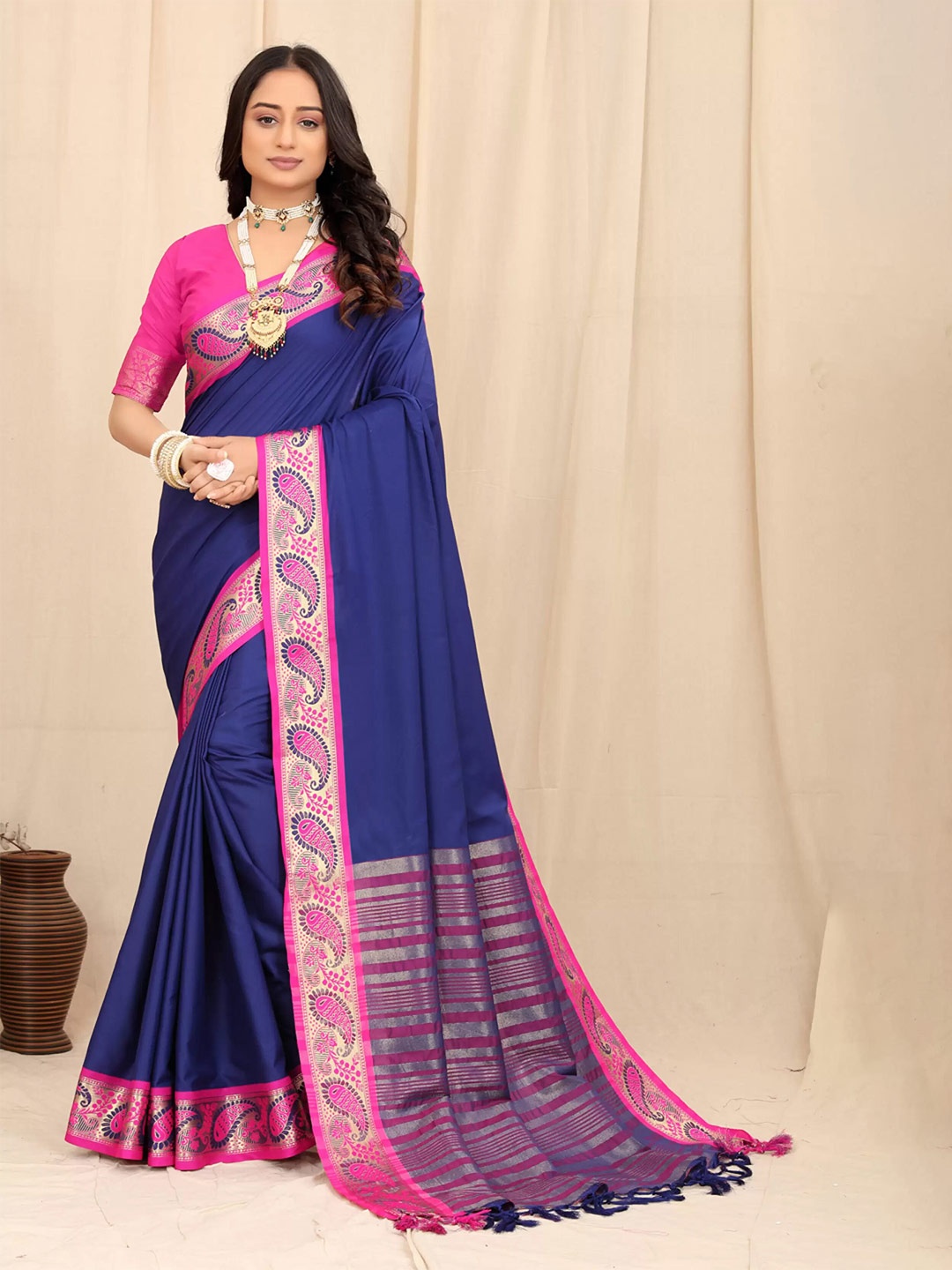 

Ekta Textiles Ethnic Motifs Woven Design Zari Silk Cotton Banarasi Saree, Blue