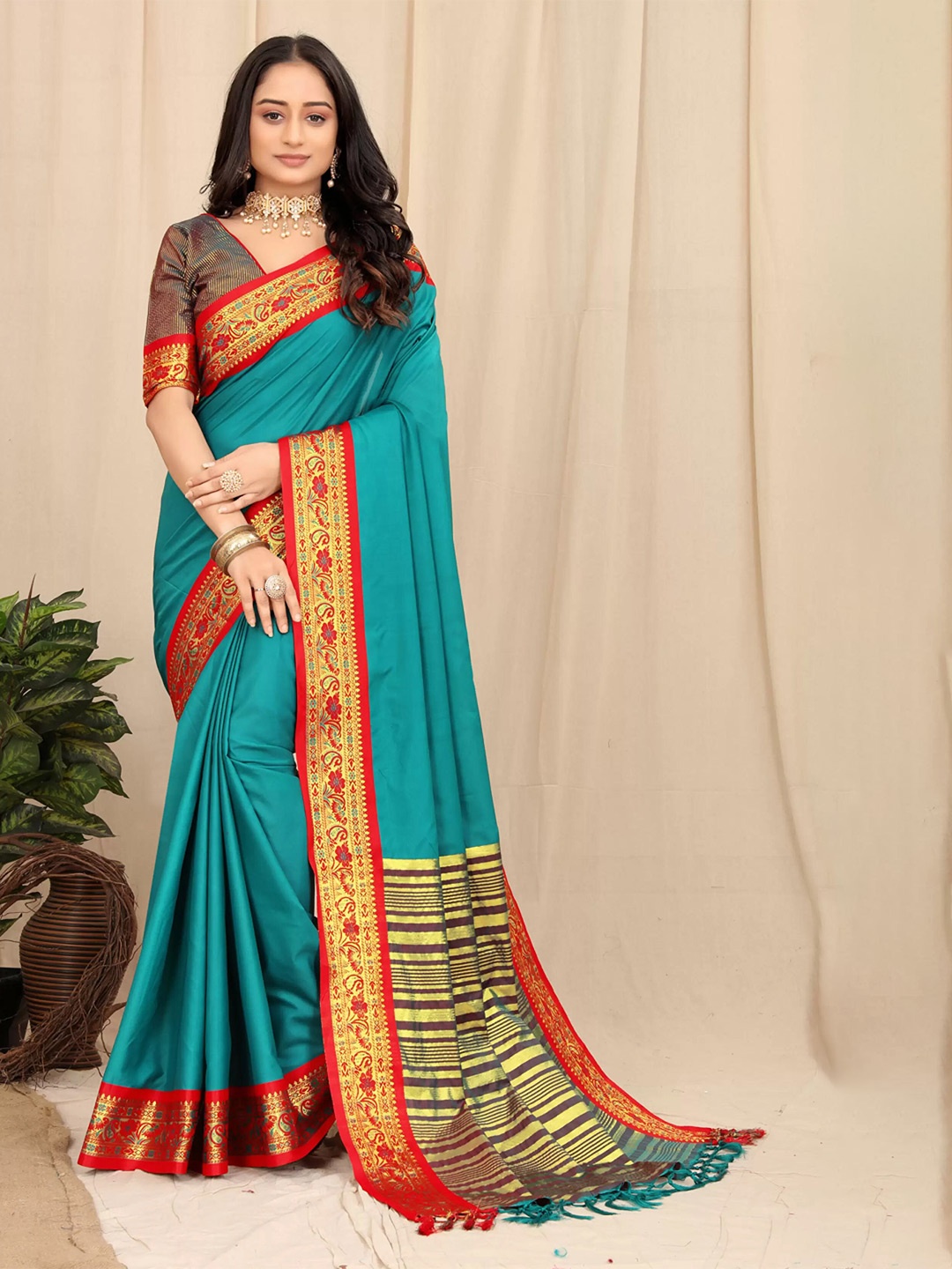 

Ekta Textiles Ethnic Motifs Woven Design Zari Silk Cotton Banarasi Saree, Turquoise blue