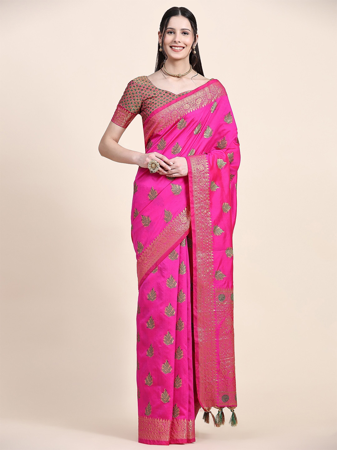 

Ekta Textiles Ethnic Motifs Woven Design Zari Pure Silk Banarasi Saree, Pink