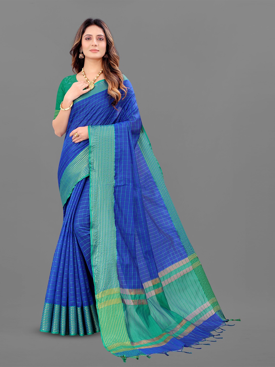 

Ekta Textiles Checked Zari Silk Cotton Banarasi Saree, Blue