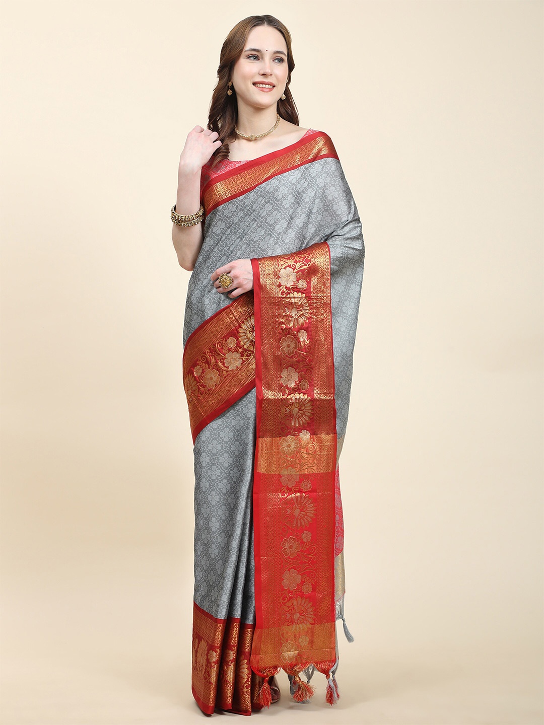 

Ekta Textiles Ethnic Motifs Woven Design Zari Silk Cotton Banarasi Saree, Grey