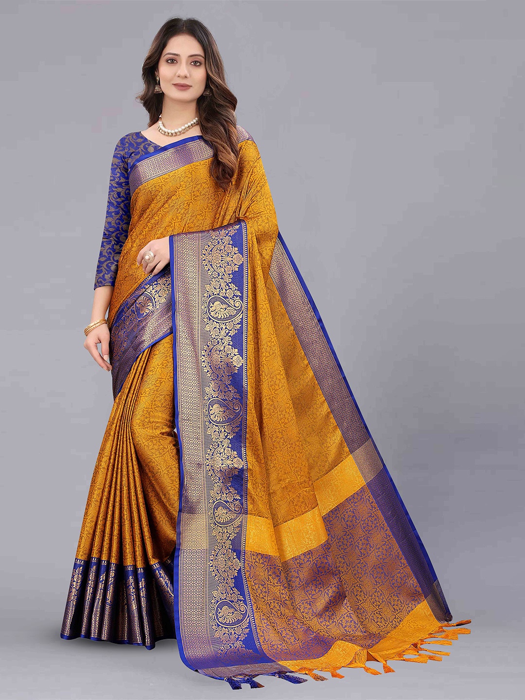 

Ekta Textiles Ethnic Motifs Woven Design Zari Silk Cotton Banarasi Saree, Mustard