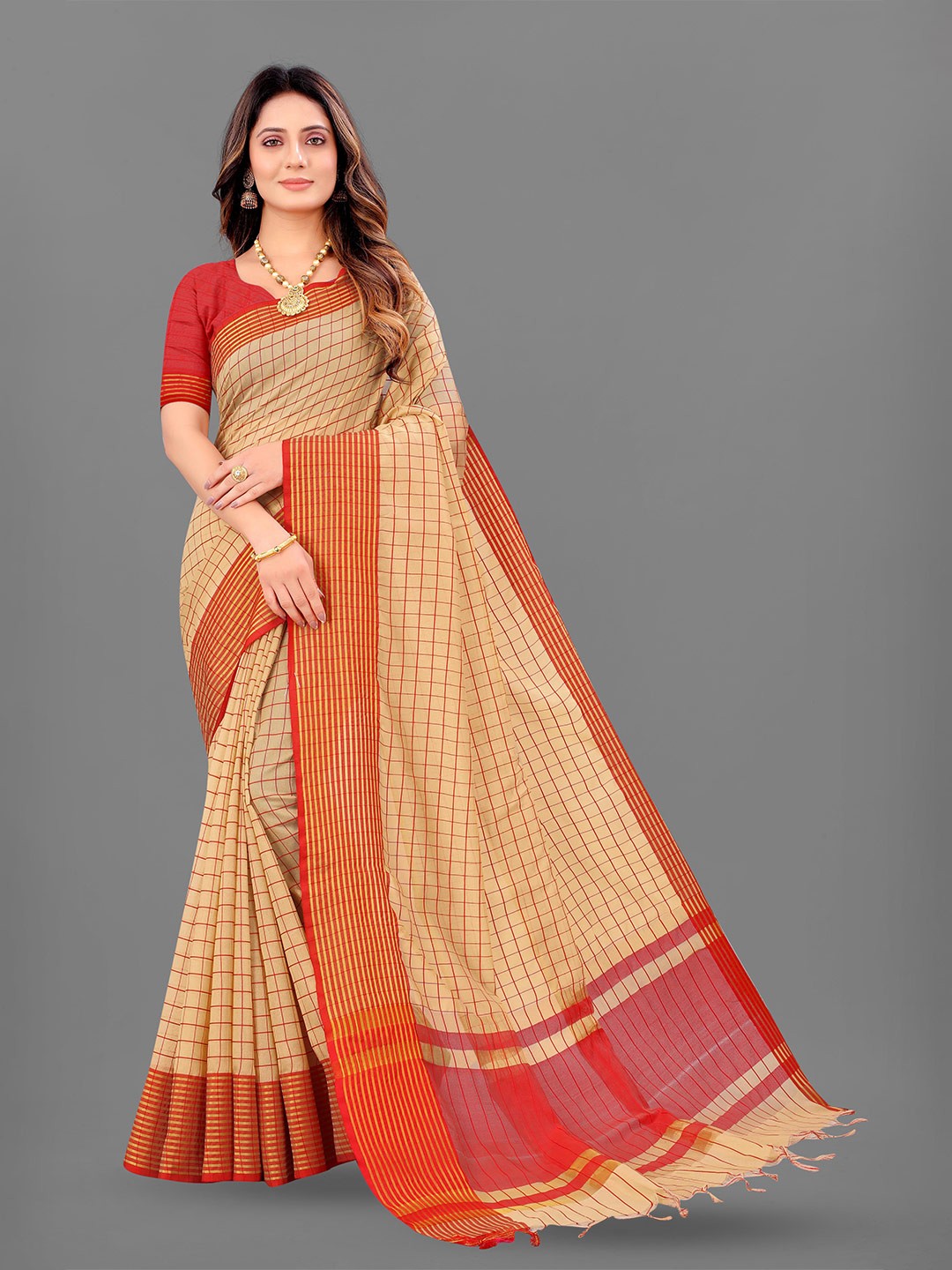 

Ekta Textiles Checked Zari Silk Cotton Banarasi Saree, Beige