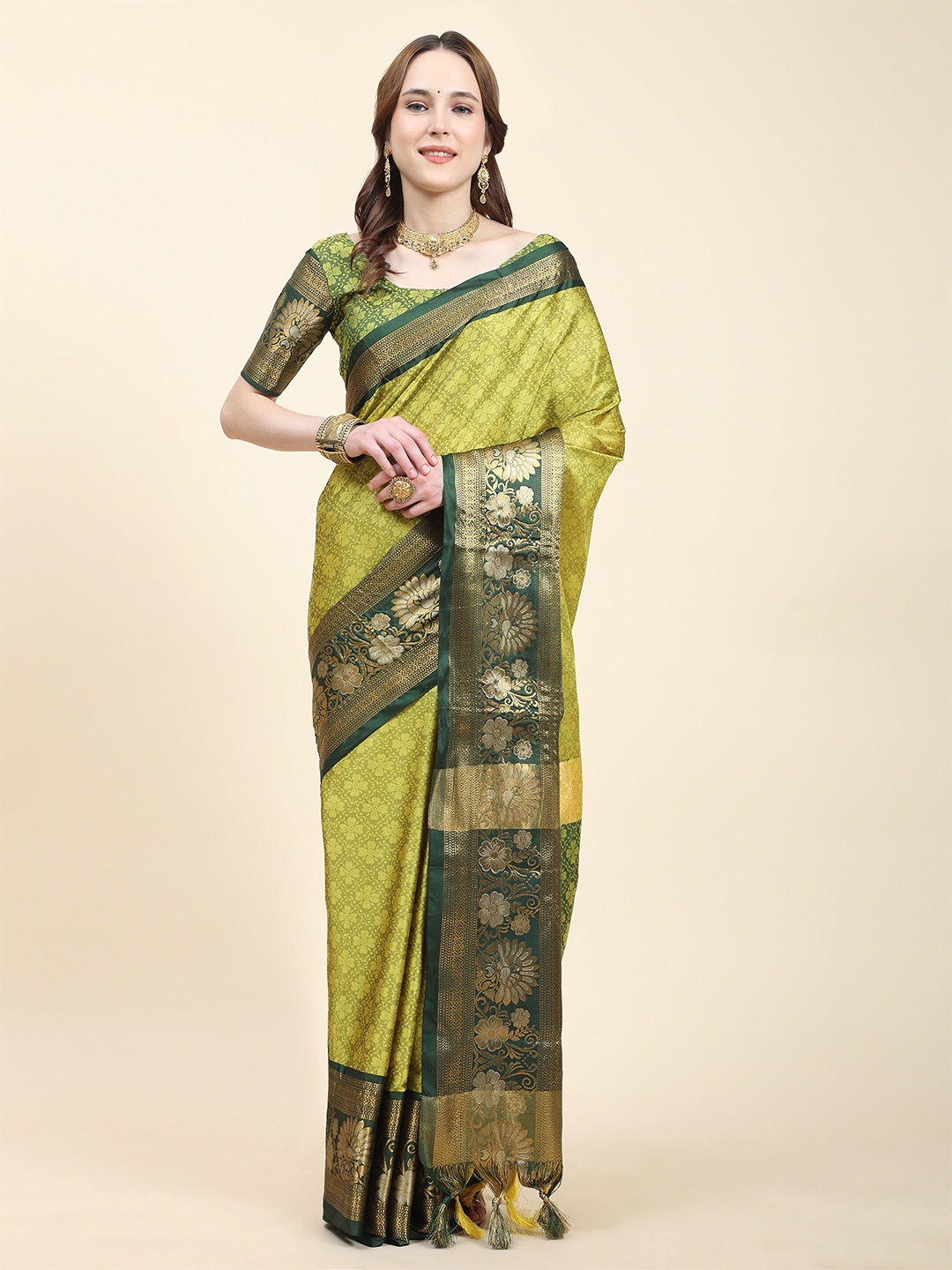 

Ekta Textiles Ethnic Motifs Woven Design Zari Silk Cotton Banarasi Saree, Lime green